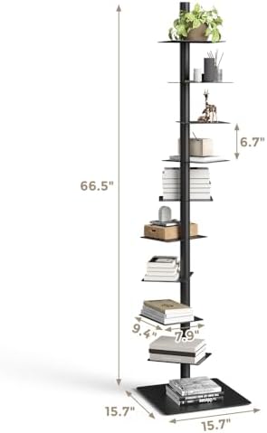Nidouillet 9 Tier Metal Spine Bookshelf  Adjustable Vertical Tower for Books  Tall & Narrow Ladder Bookcase  Space Saving Multipurpose Corner Storage Shelf  Display Stand  Tool Free Assembly  Black