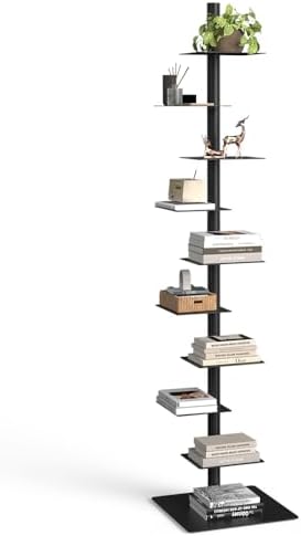 Nidouillet 9 Tier Metal Spine Bookshelf  Adjustable Vertical Tower for Books  Tall & Narrow Ladder Bookcase  Space Saving Multipurpose Corner Storage Shelf  Display Stand  Tool Free Assembly  Black