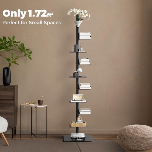 Nidouillet 9 Tier Metal Spine Bookshelf  Adjustable Vertical Tower for Books  Tall & Narrow Ladder Bookcase  Space Saving Multipurpose Corner Storage Shelf  Display Stand  Tool Free Assembly  Black