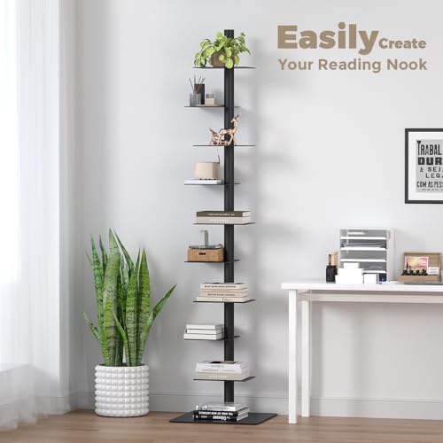 Nidouillet 9 Tier Metal Spine Bookshelf  Adjustable Vertical Tower for Books  Tall & Narrow Ladder Bookcase  Space Saving Multipurpose Corner Storage Shelf  Display Stand  Tool Free Assembly  Black