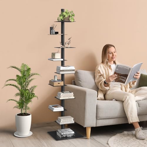 Nidouillet 9 Tier Metal Spine Bookshelf  Adjustable Vertical Tower for Books  Tall & Narrow Ladder Bookcase  Space Saving Multipurpose Corner Storage Shelf  Display Stand  Tool Free Assembly  Black