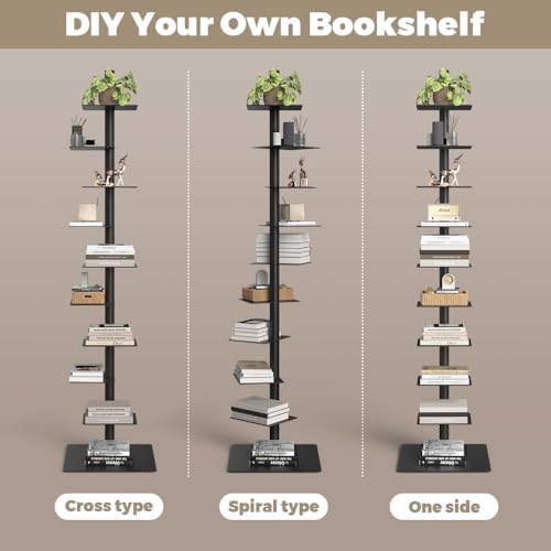 Nidouillet 9 Tier Metal Spine Bookshelf  Adjustable Vertical Tower for Books  Tall & Narrow Ladder Bookcase  Space Saving Multipurpose Corner Storage Shelf  Display Stand  Tool Free Assembly  Black