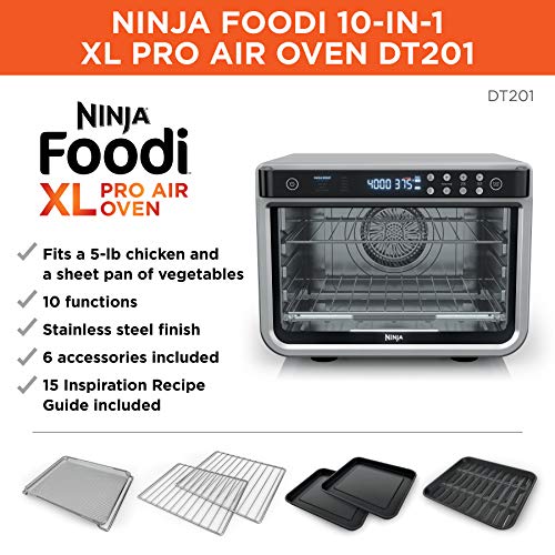 Ninja Air Fryer & Toaster Oven   Foodi Series  XL Pro Air Oven Kitchen Countertop Convection   10 in 1 Functions   Fits a 5 lb Chicken & Sheet Pan of Vegetables   1800 Watts   Stainless Steel   DT201
