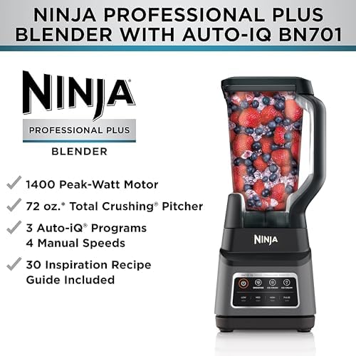 Ninja BN701 Professional Plus Blender  1400 Peak Watts  3 Functions for Smoothies  Frozen Drinks & Ice Cream with Auto IQ  72 oz   Total Crushing Pitcher & Lid  Dark Grey