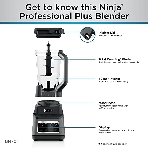 Ninja BN701 Professional Plus Blender  1400 Peak Watts  3 Functions for Smoothies  Frozen Drinks & Ice Cream with Auto IQ  72 oz   Total Crushing Pitcher & Lid  Dark Grey