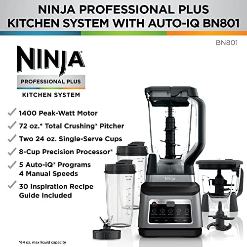 Ninja BN701 Professional Plus Blender  1400 Peak Watts  3 Functions for Smoothies  Frozen Drinks & Ice Cream with Auto IQ  72 oz   Total Crushing Pitcher & Lid  Dark Grey