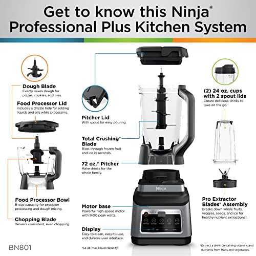 Ninja BN701 Professional Plus Blender  1400 Peak Watts  3 Functions for Smoothies  Frozen Drinks & Ice Cream with Auto IQ  72 oz   Total Crushing Pitcher & Lid  Dark Grey