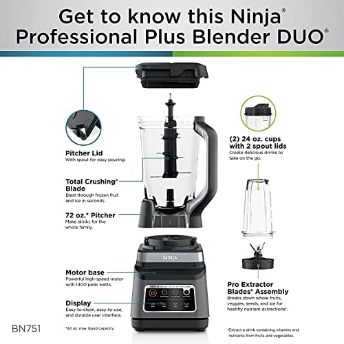 Ninja BN701 Professional Plus Blender  1400 Peak Watts  3 Functions for Smoothies  Frozen Drinks & Ice Cream with Auto IQ  72 oz   Total Crushing Pitcher & Lid  Dark Grey