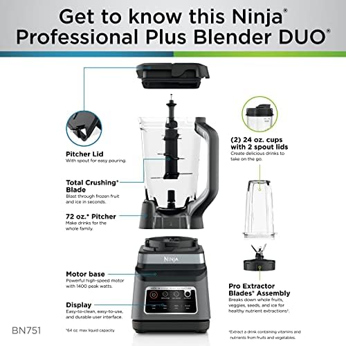 Ninja BN751 Professional Plus DUO Blender  1400 Peak Watts  3 Auto IQ Programs for Smoothies  Frozen Drinks & Nutrient Extractions  72 oz  Total Crushing Pitcher &  2  24 oz  To Go Cups  Black