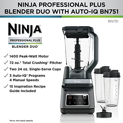 Ninja BN751 Professional Plus DUO Blender  1400 Peak Watts  3 Auto IQ Programs for Smoothies  Frozen Drinks & Nutrient Extractions  72 oz  Total Crushing Pitcher &  2  24 oz  To Go Cups  Black