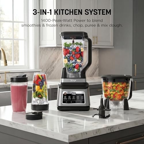 Ninja BN801 Professional Plus Kitchen System  1400 WP  5 Functions for Smoothies  Chopping  Dough & More with Auto IQ  72 oz   Blender Pitcher  64 oz  Processor Bowl   2  24 oz  To Go Cups  Grey