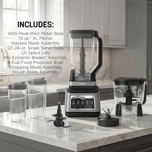 Ninja BN801 Professional Plus Kitchen System  1400 WP  5 Functions for Smoothies  Chopping  Dough & More with Auto IQ  72 oz   Blender Pitcher  64 oz  Processor Bowl   2  24 oz  To Go Cups  Grey