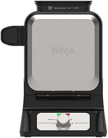 Ninja Belgian Waffle Maker Pro   Vertical Design   5 Shade Settings with Precision Pour Cup & Chef curated Recipe Guide   Black & Silver   BW1001