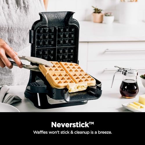 Ninja Belgian Waffle Maker Pro   Vertical Design   5 Shade Settings with Precision Pour Cup & Chef curated Recipe Guide   Black & Silver   BW1001