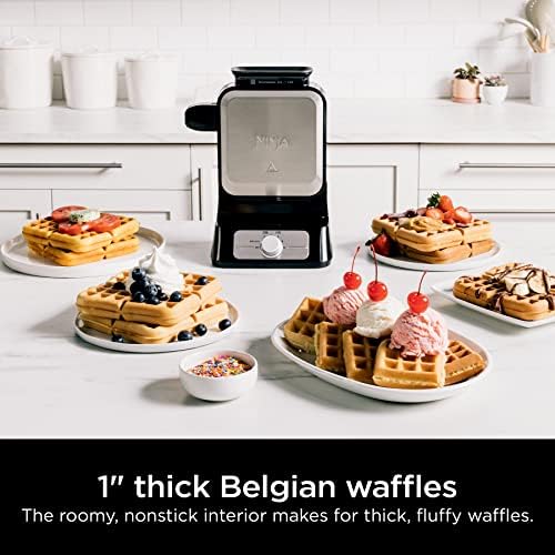 Ninja Belgian Waffle Maker Pro   Vertical Design   5 Shade Settings with Precision Pour Cup & Chef curated Recipe Guide   Black & Silver   BW1001