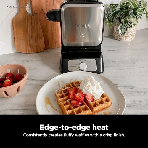 Ninja Belgian Waffle Maker Pro   Vertical Design   5 Shade Settings with Precision Pour Cup & Chef curated Recipe Guide   Black & Silver   BW1001