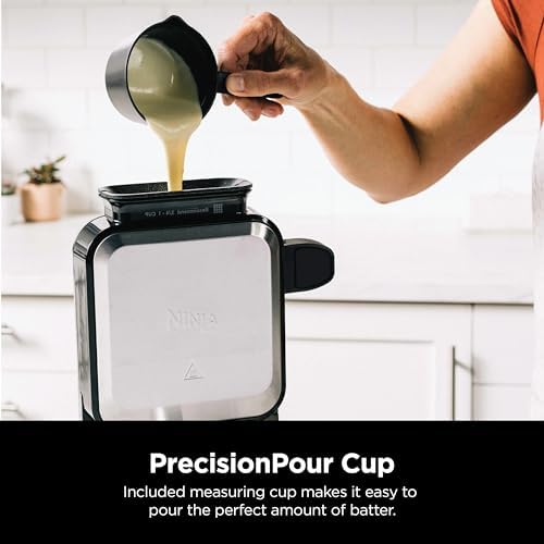 Ninja Belgian Waffle Maker Pro   Vertical Design   5 Shade Settings with Precision Pour Cup & Chef curated Recipe Guide   Black & Silver   BW1001