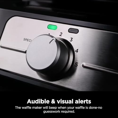 Ninja Belgian Waffle Maker Pro   Vertical Design   5 Shade Settings with Precision Pour Cup & Chef curated Recipe Guide   Black & Silver   BW1001