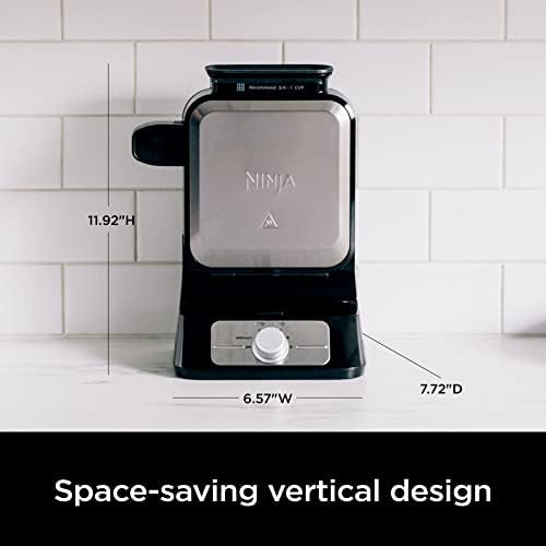 Ninja Belgian Waffle Maker Pro   Vertical Design   5 Shade Settings with Precision Pour Cup & Chef curated Recipe Guide   Black & Silver   BW1001