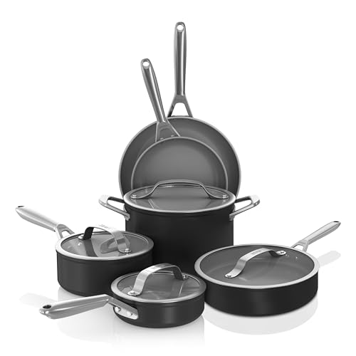 Ninja Ceramic Pro 10 Piece Cookware Set  Non Stick Pots & Pans Set with Glass Lids  Nontoxic  PTFE Free  Ceramic Coated  Oven Safe  All Stovetops & Induction Compatible  Black  CW39010BK