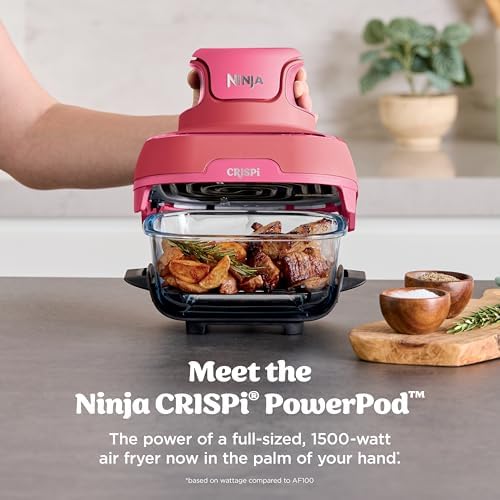 Ninja Crispi 4 in 1 Portable Glass Air Fryer Cooking System  1500W  4QT & 6 Cup TempWare Glass Containers with Storage Lids  Microwave  Freezer & Dishwasher Safe  Cyberspace Gray  FN101GY