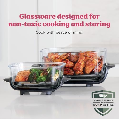 Ninja Crispi 4 in 1 Portable Glass Air Fryer Cooking System  1500W  4QT & 6 Cup TempWare Glass Containers with Storage Lids  Microwave  Freezer & Dishwasher Safe  Cyberspace Gray  FN101GY