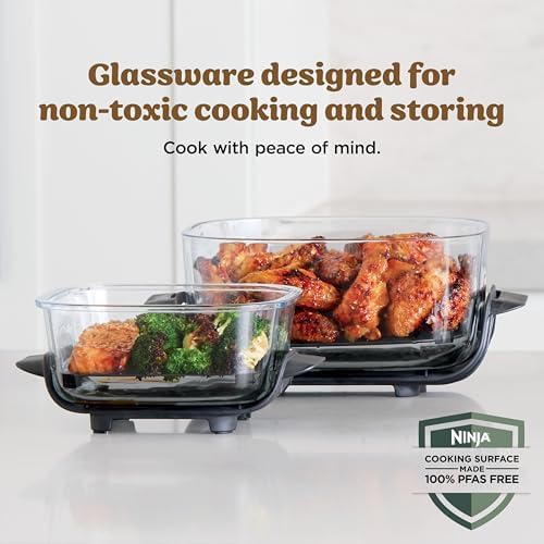Ninja Crispi 4 in 1 Portable Glass Air Fryer Cooking System  1500W  4QT & 6 Cup TempWare Glass Containers with Storage Lids  Microwave  Freezer & Dishwasher Safe  Cyberspace Gray  FN101GY