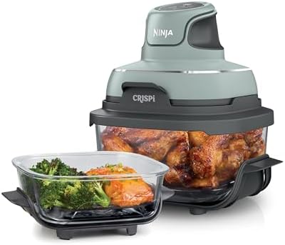 Ninja Crispi 4 in 1 Portable Glass Air Fryer Cooking System  1500W  4QT & 6 Cup TempWare Glass Containers with Storage Lids  Microwave  Freezer & Dishwasher Safe  Cyberspace Gray  FN101GY