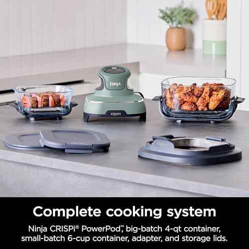 Ninja Crispi 4 in 1 Portable Glass Air Fryer Cooking System  1500W  4QT & 6 Cup TempWare Glass Containers with Storage Lids  Microwave  Freezer & Dishwasher Safe  Cyberspace Gray  FN101GY