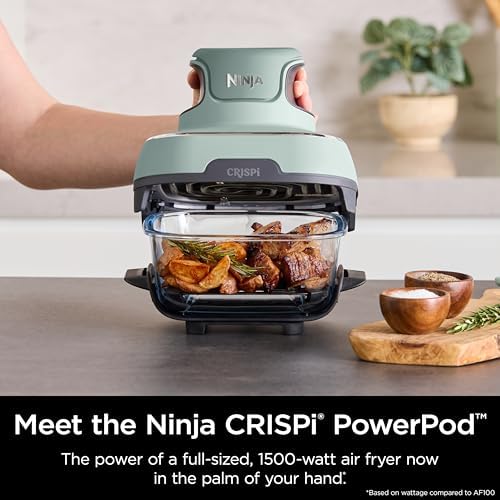 Ninja Crispi 4 in 1 Portable Glass Air Fryer Cooking System  1500W  4QT & 6 Cup TempWare Glass Containers with Storage Lids  Microwave  Freezer & Dishwasher Safe  Cyberspace Gray  FN101GY