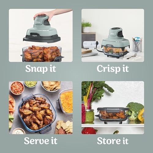 Ninja Crispi 4 in 1 Portable Glass Air Fryer Cooking System  1500W  4QT & 6 Cup TempWare Glass Containers with Storage Lids  Microwave  Freezer & Dishwasher Safe  Cyberspace Gray  FN101GY