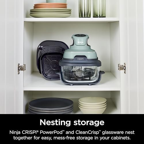 Ninja Crispi 4 in 1 Portable Glass Air Fryer Cooking System  1500W  4QT & 6 Cup TempWare Glass Containers with Storage Lids  Microwave  Freezer & Dishwasher Safe  Cyberspace Gray  FN101GY