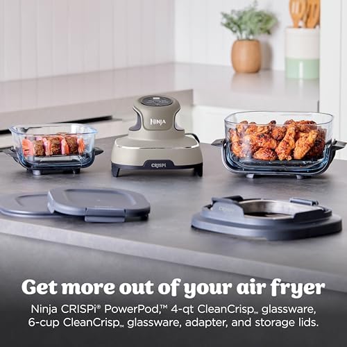 Ninja Crispi 4 in 1 Portable Glass Air Fryer Cooking System  1500W  4QT & 6 Cup TempWare Glass Containers with Storage Lids  Microwave  Freezer & Dishwasher Safe  Cyberspace Gray  FN101GY