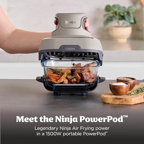 Ninja Crispi 4 in 1 Portable Glass Air Fryer Cooking System  1500W  4QT & 6 Cup TempWare Glass Containers with Storage Lids  Microwave  Freezer & Dishwasher Safe  Cyberspace Gray  FN101GY