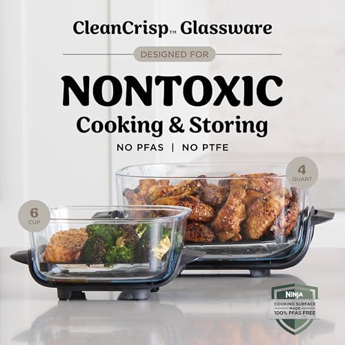 Ninja Crispi 4 in 1 Portable Glass Air Fryer Cooking System  1500W  4QT & 6 Cup TempWare Glass Containers with Storage Lids  Microwave  Freezer & Dishwasher Safe  Cyberspace Gray  FN101GY