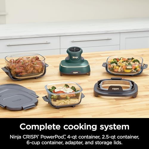 Ninja Crispi 4 in 1 Portable Glass Air Fryer Cooking System  1500W  4QT & 6 Cup TempWare Glass Containers with Storage Lids  Microwave  Freezer & Dishwasher Safe  Cyberspace Gray  FN101GY
