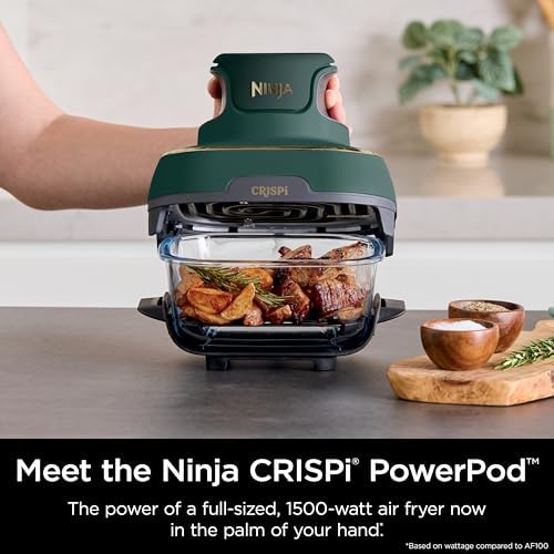 Ninja Crispi 4 in 1 Portable Glass Air Fryer Cooking System  1500W  4QT & 6 Cup TempWare Glass Containers with Storage Lids  Microwave  Freezer & Dishwasher Safe  Cyberspace Gray  FN101GY