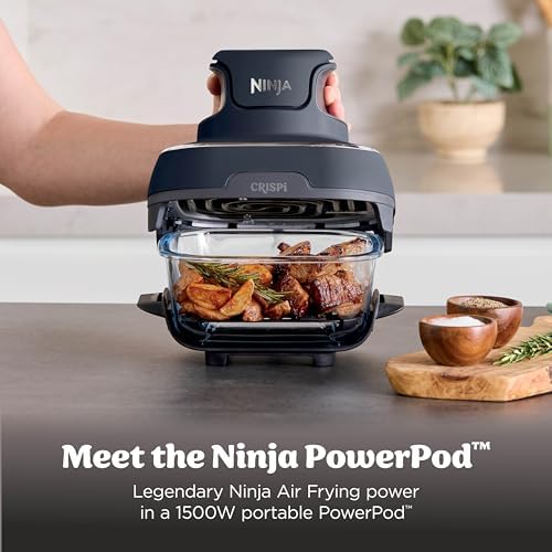 Ninja Crispi 4 in 1 Portable Glass Air Fryer Cooking System  1500W  4QT & 6 Cup TempWare Glass Containers with Storage Lids  Microwave  Freezer & Dishwasher Safe  Cyberspace Gray  FN101GY