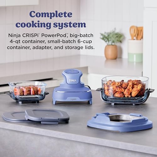 Ninja Crispi 4 in 1 Portable Glass Air Fryer Cooking System  1500W  4QT & 6 Cup TempWare Glass Containers with Storage Lids  Microwave  Freezer & Dishwasher Safe  Cyberspace Gray  FN101GY