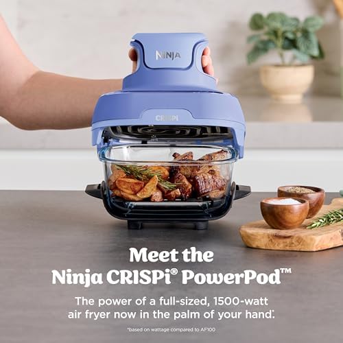 Ninja Crispi 4 in 1 Portable Glass Air Fryer Cooking System  1500W  4QT & 6 Cup TempWare Glass Containers with Storage Lids  Microwave  Freezer & Dishwasher Safe  Cyberspace Gray  FN101GY
