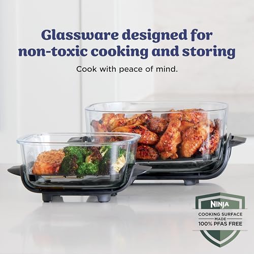 Ninja Crispi 4 in 1 Portable Glass Air Fryer Cooking System  1500W  4QT & 6 Cup TempWare Glass Containers with Storage Lids  Microwave  Freezer & Dishwasher Safe  Cyberspace Gray  FN101GY