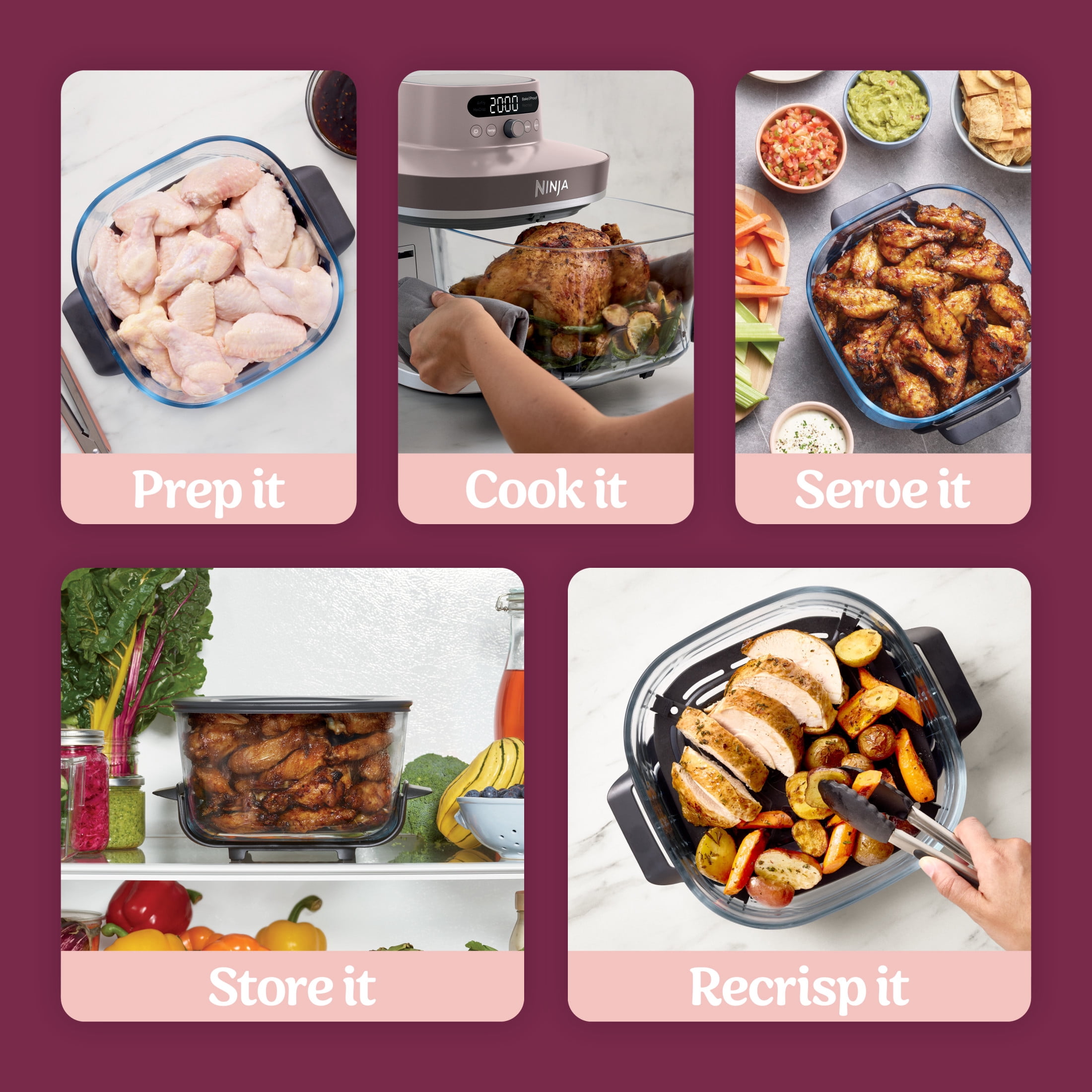 Ninja Crispi Pro 4 in 1 Glass Air Fryer  4 Qt Glass Container with Lid  4 Functions  Air Fry  Bake/Proof  Recrisp  and Dehydrate  Dishwasher Safe  AS100PK1 Pink