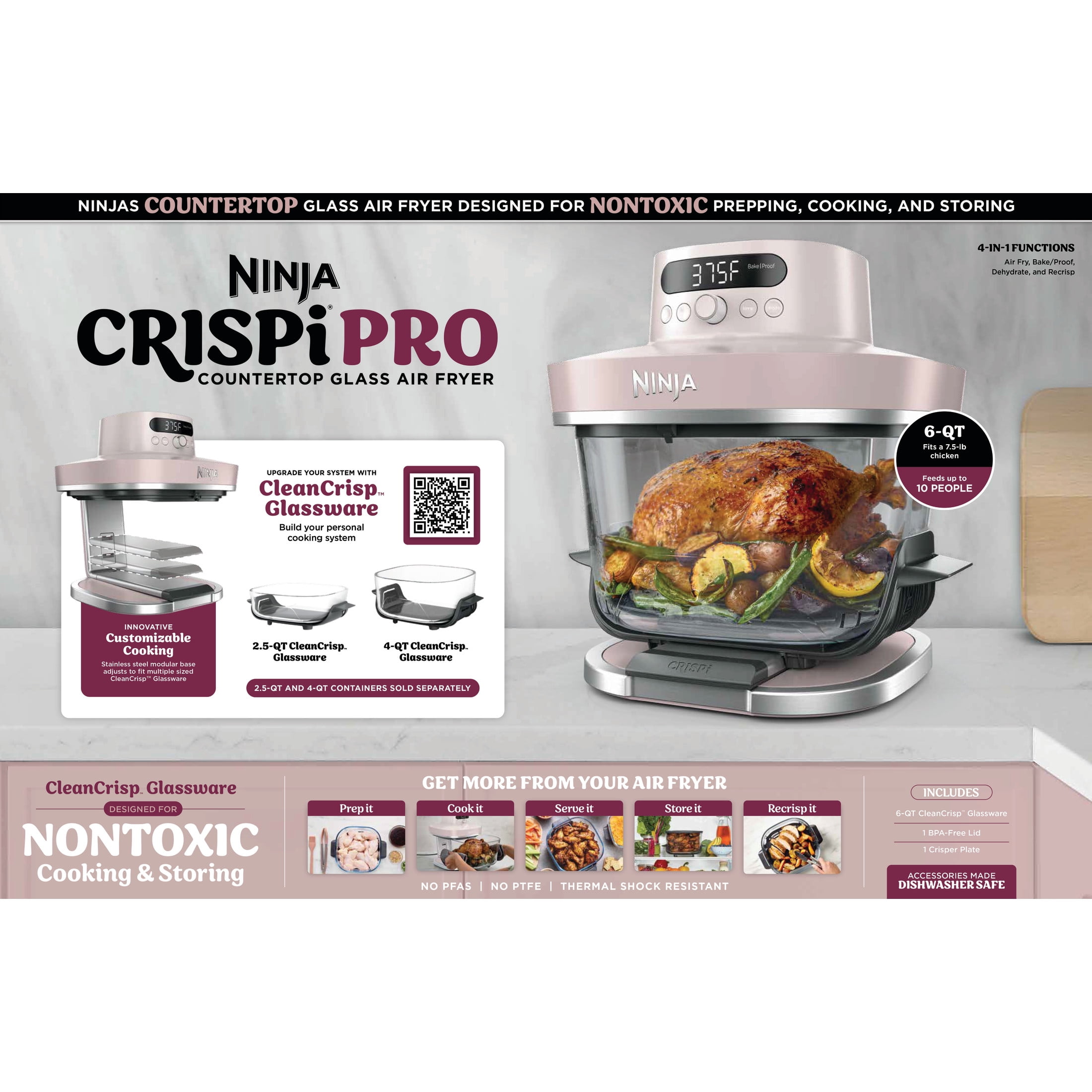 Ninja Crispi Pro 4 in 1 Glass Air Fryer  4 Qt Glass Container with Lid  4 Functions  Air Fry  Bake/Proof  Recrisp  and Dehydrate  Dishwasher Safe  AS100PK1 Pink