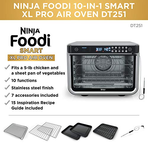 Ninja DT251 Foodi 10 in 1 Smart XL Air Fry Oven  Bake  Broil  Toast  Roast  Digital Toaster  Thermometer  True Surround Convection up to 450 F  includes 6 trays & Recipe Guide  Silver