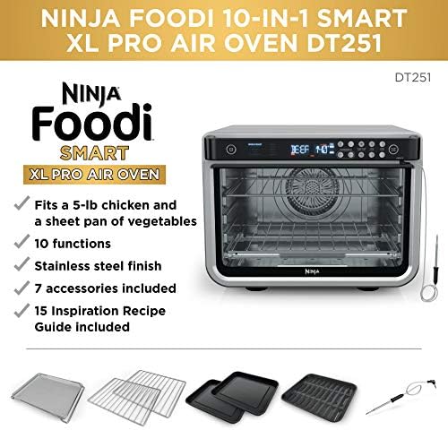 Ninja DT251 Foodi 10 in 1 Smart XL Air Fry Oven  Bake  Broil  Toast  Roast  Digital Toaster  Thermometer  True Surround Convection up to 450 F  includes 6 trays & Recipe Guide  Silver