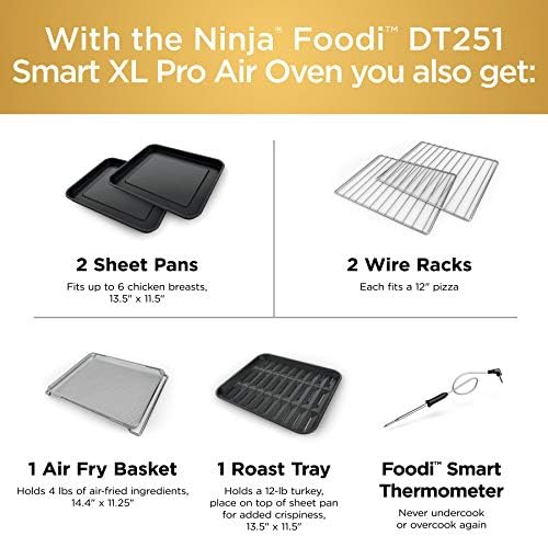 Ninja DT251 Foodi 10 in 1 Smart XL Air Fry Oven  Bake  Broil  Toast  Roast  Digital Toaster  Thermometer  True Surround Convection up to 450 F  includes 6 trays & Recipe Guide  Silver