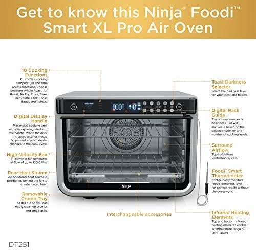 Ninja DT251 Foodi 10 in 1 Smart XL Air Fry Oven  Bake  Broil  Toast  Roast  Digital Toaster  Thermometer  True Surround Convection up to 450 F  includes 6 trays & Recipe Guide  Silver