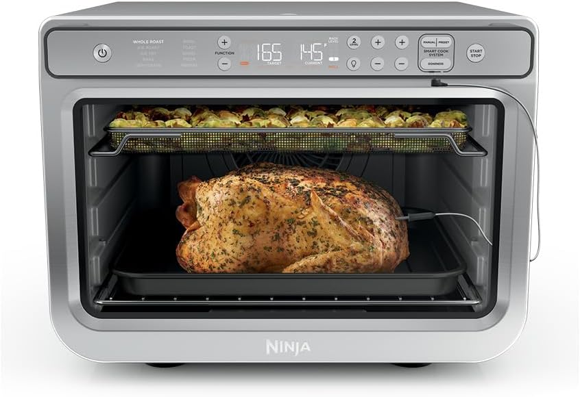 Ninja DT251 Foodi 10 in 1 Smart XL Air Fry Oven  Bake  Broil  Toast  Roast  Digital Toaster  Thermometer  True Surround Convection up to 450 F  includes 6 trays & Recipe Guide  Silver