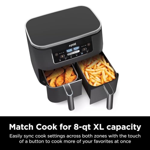 Ninja DZ201 Foodi 8 Quart 6 in 1 DualZone 2 Basket Air Fryer with 2 Independent Frying Baskets  Match Cook & Smart Finish to Roast  Broil  Dehydrate & More for Quick  Easy Meals  Grey
