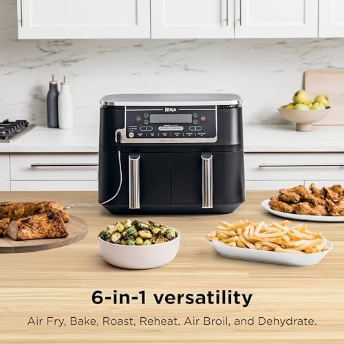 Ninja DZ550 Foodi 10 Quart 6 in 1 DualZone Smart XL Air Fryer with 2 Independent Baskets  Thermometer for Perfect Doneness  Match Cook & Smart Finish to Roast  Dehydrate & More  Grey